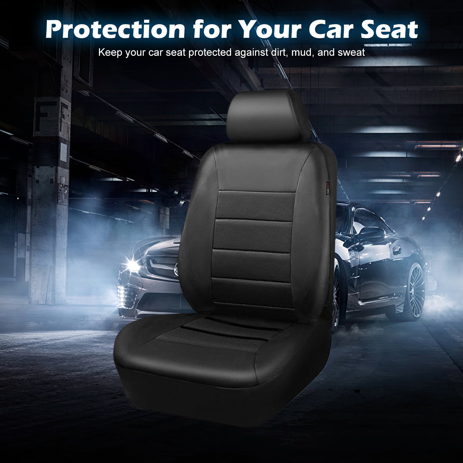 CACAGOO 9 Pcs Car Seat Covers Full Set – Classic Black Faux Leather Front & Rear Bench Protector, Comfortable Fit for Cars, Trucks & SUV