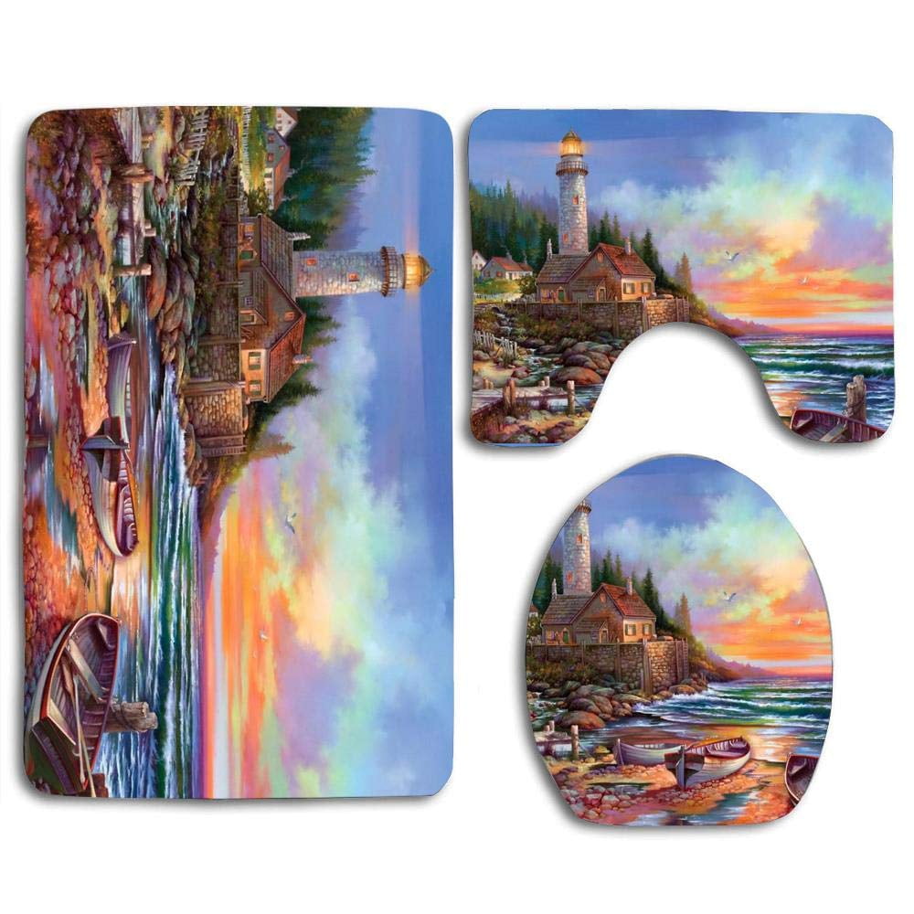 CHAPLLE Lighthouse Pier Sunset 3 Piece Bathroom Rugs Set Bath Rug Contour Mat and Toilet Lid Cover