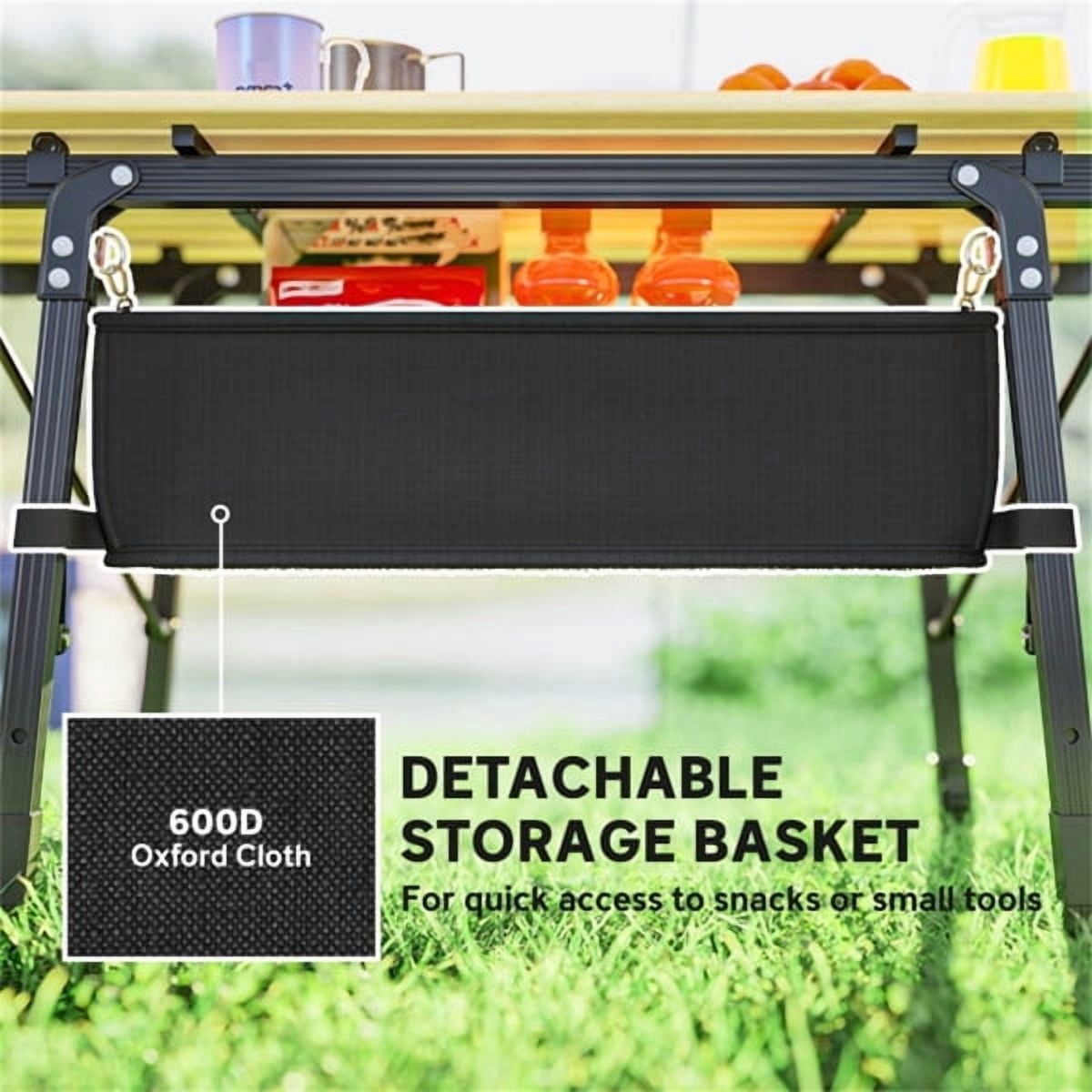 Folding Table with Storage Basket, 26" Adjustable Height Portable Camping Table Aluminum Foldable Dining Table for Outdoor Indoor, Black & Wood Color