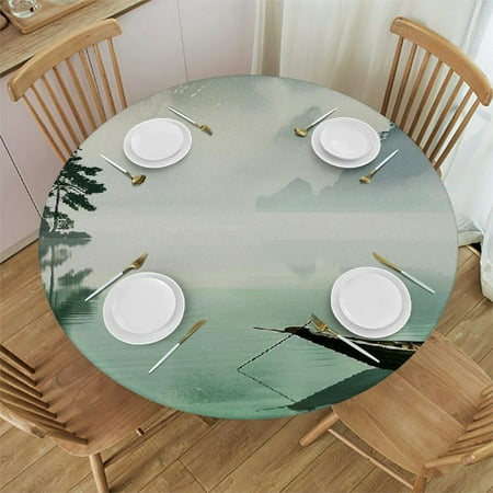 

Autua Mountains Lake Boat Round Tablecloth Stain Resistant Washable for Indoor Outdoor Dining Wedding Parties 100% Polyester Decor for Home Kitchen Camping 42 -46