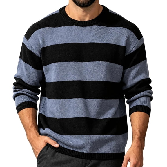 Men's Fall Winter Crewneck Striped Knit Pullover Sweater, Loose Fit Color Block Knit Long Sleeve Casual Top for Daily Wear , S