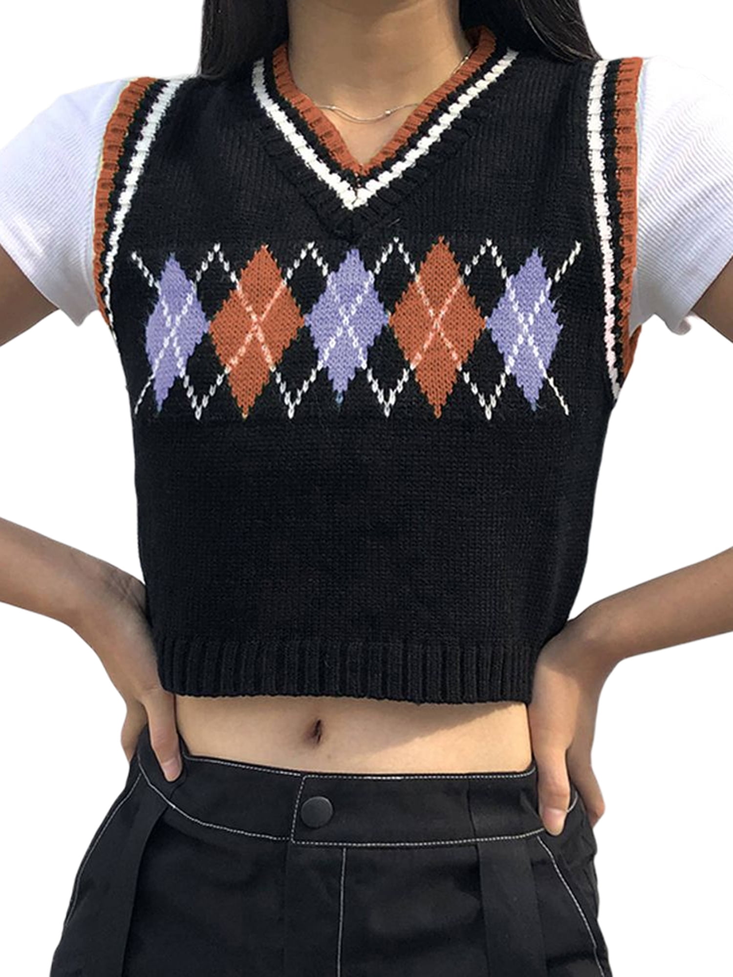 Gihuo Womens Teenage Preppy V Neck Sleeveless Y2K Argyle Plaid Crop Sweater Vests Tops