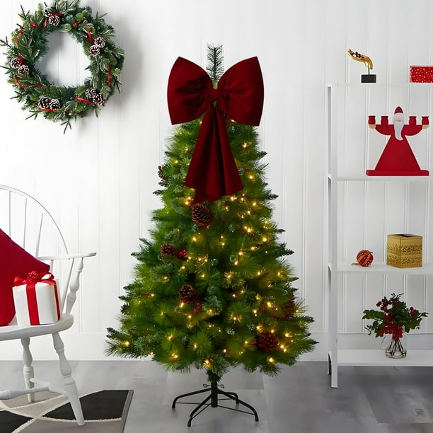 Adornos navideños, adornos navideños, regalos navideños Lazo grande de terciopelo rojo vino Decoración navideña Árbol de Navidad Adornos navideños Exhibición de ventana Colgante Lazo de tela