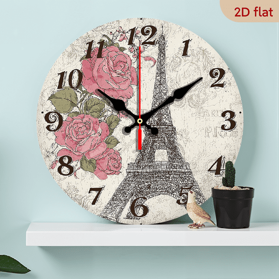 2D Flat 1pc 10Inch Elegant Parisian Eiffel Tower Wall Clock with Red Rose Accents, Silent Movement, Round Wooden Clock, Battery Powered with AA Battery (Not Included), Digital Display