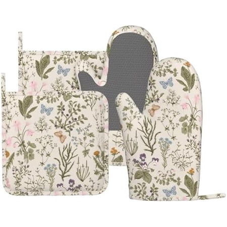 Vintage Wildflower Herbs Floral Rustic Butterfly Oven Mitts and Pot Holders Sets Silicone Kitchen Mitts Potholders Heat Resistant 4Pcs Oven Gloves Hot Pads for Kitchen Baking Cooking