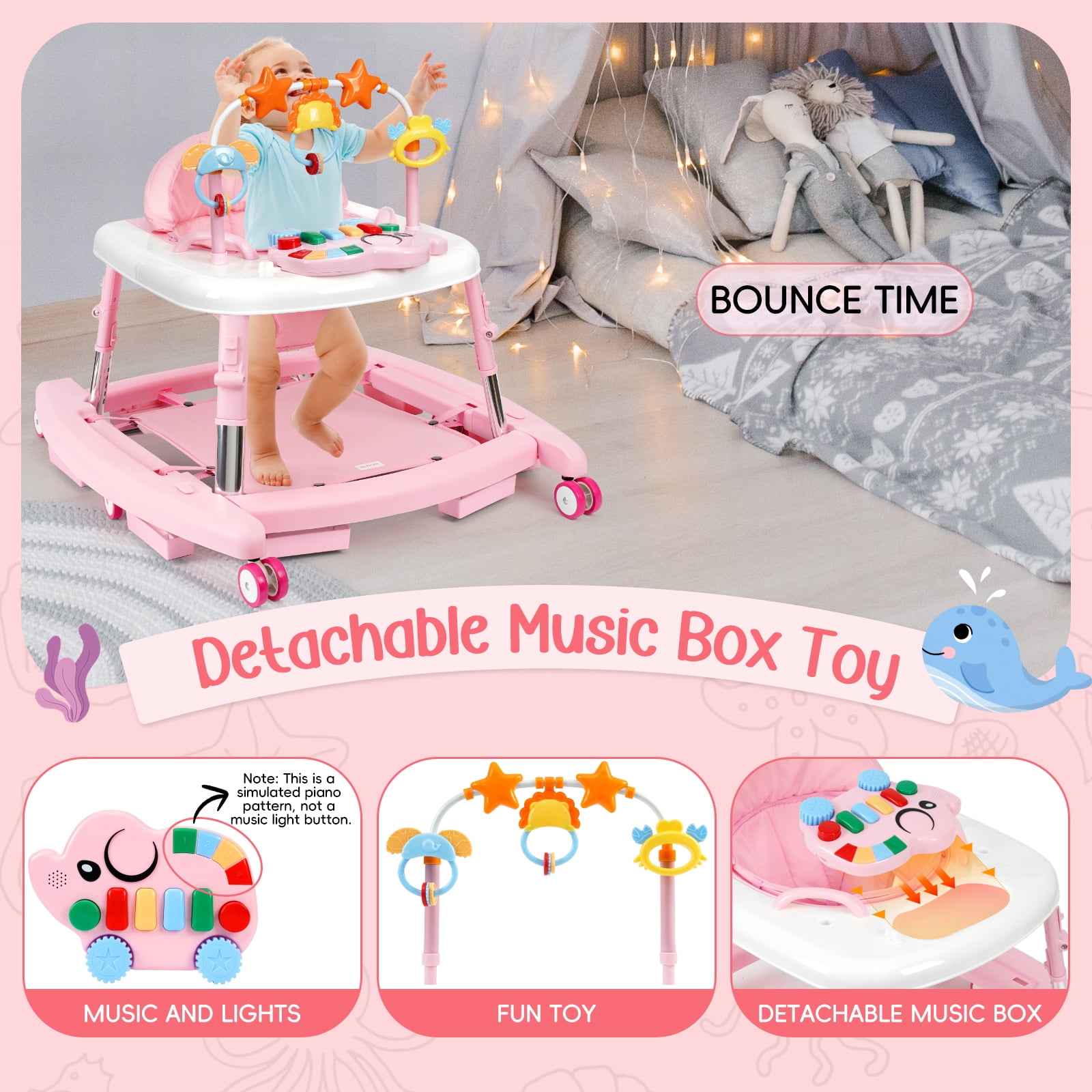XIOYIG 5 in 1 Baby Walker, Music and Lights Walker for Baby Boy Girls 6-18 Months, Foldable Baby Walkers with Wheels and Bouncer Combo Portable, Toddler Infant Walker with Adjustable Height
