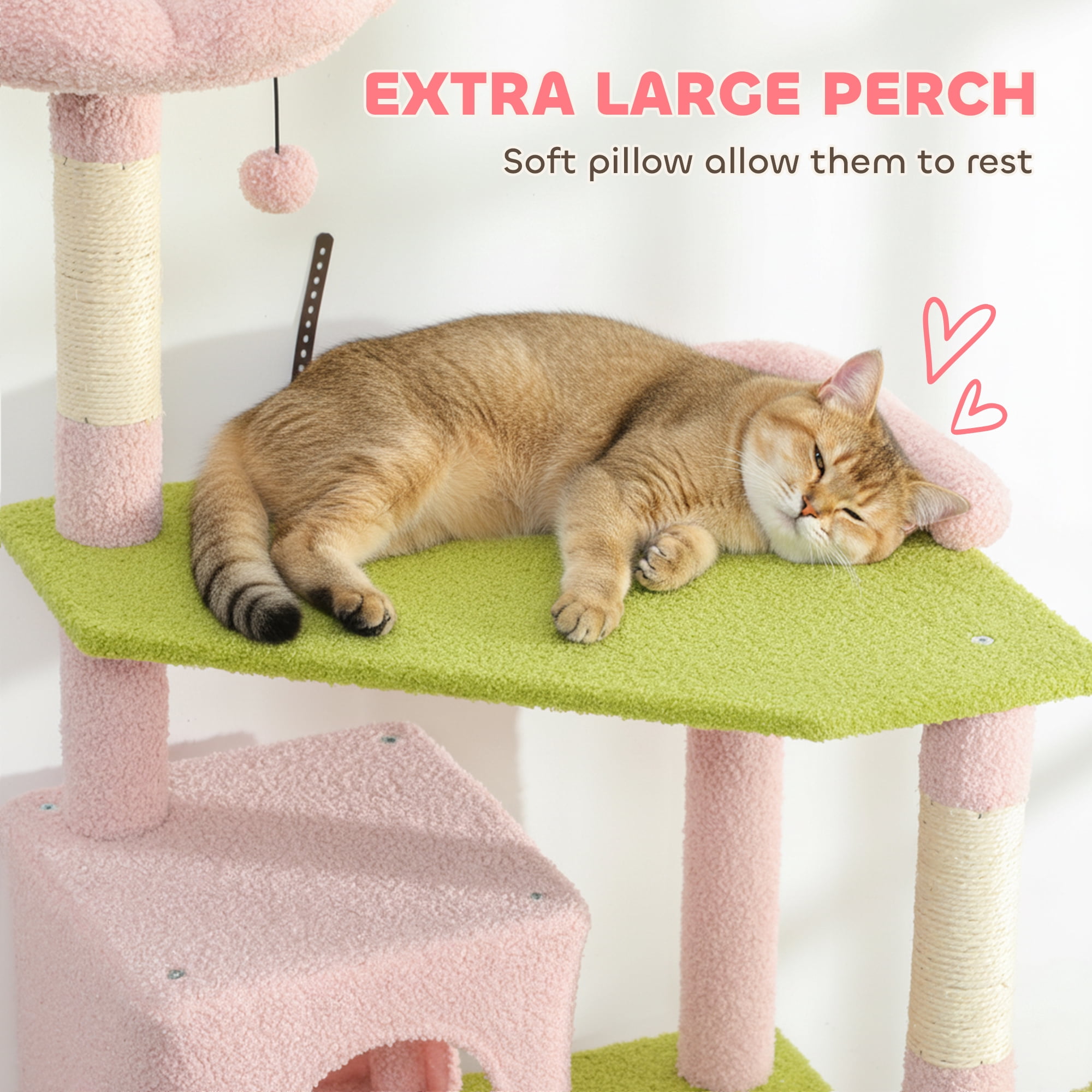 PawHut 74" Flower Cat Tree, Large Cat Tower Metal Frame Hammock, Scratcher Ramp, 3 Sisal Scratching Posts, 2 Condos, Perches, for Indoor Kittens, Pink