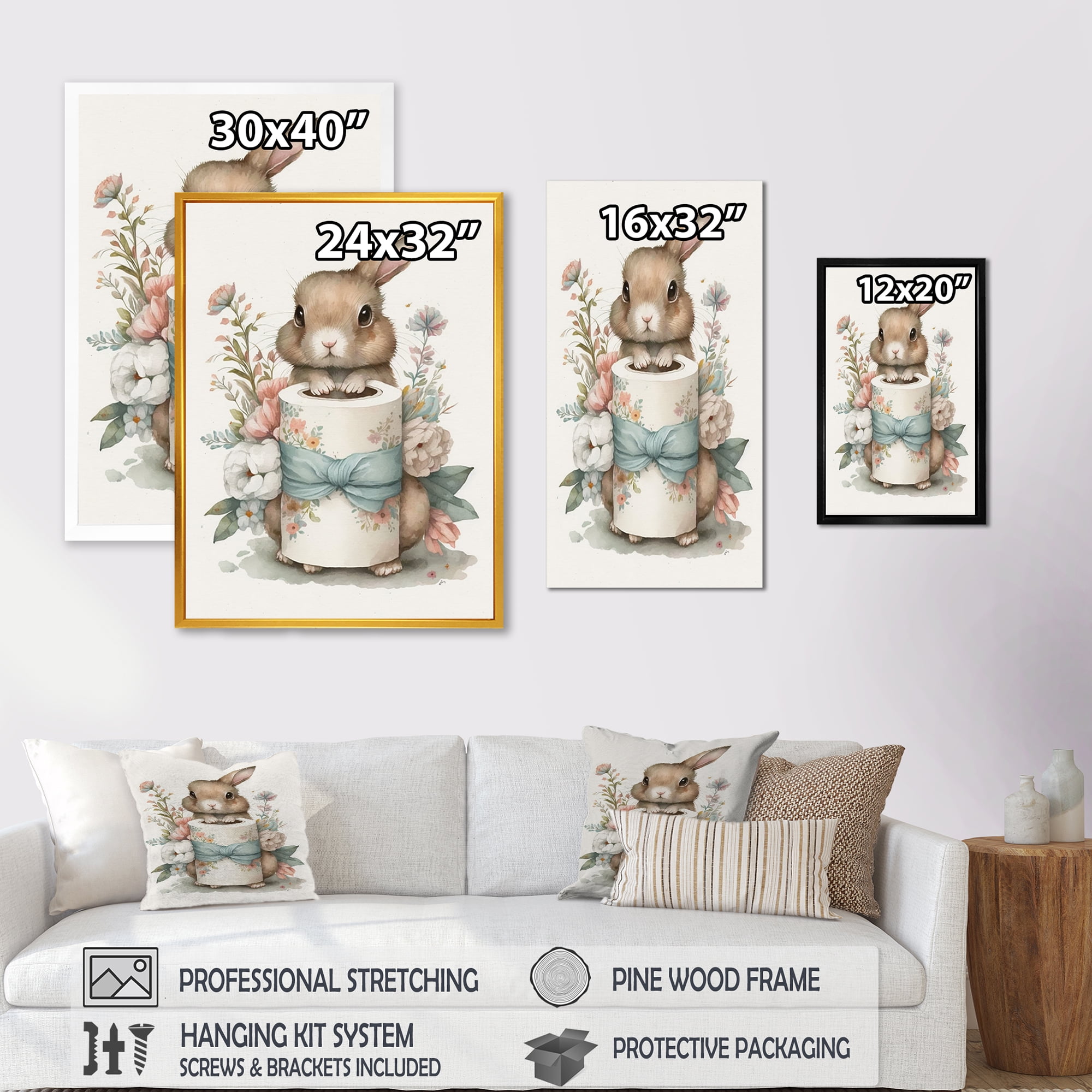 Designart Bunny With Roll Of Toilet Paper And Flowers I Canvas Wall Art