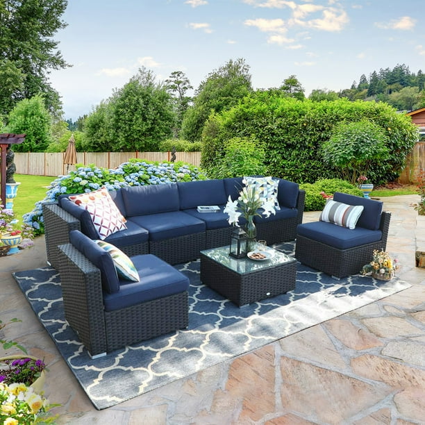 Mf Studio 7 Piece Patio Sofa Set Outdoor Furniture Sectional All Weather Wicker Rattan Navy Blue Com Wicker Rattan Sofa Navy Blue, Navy Outdoor Furniture