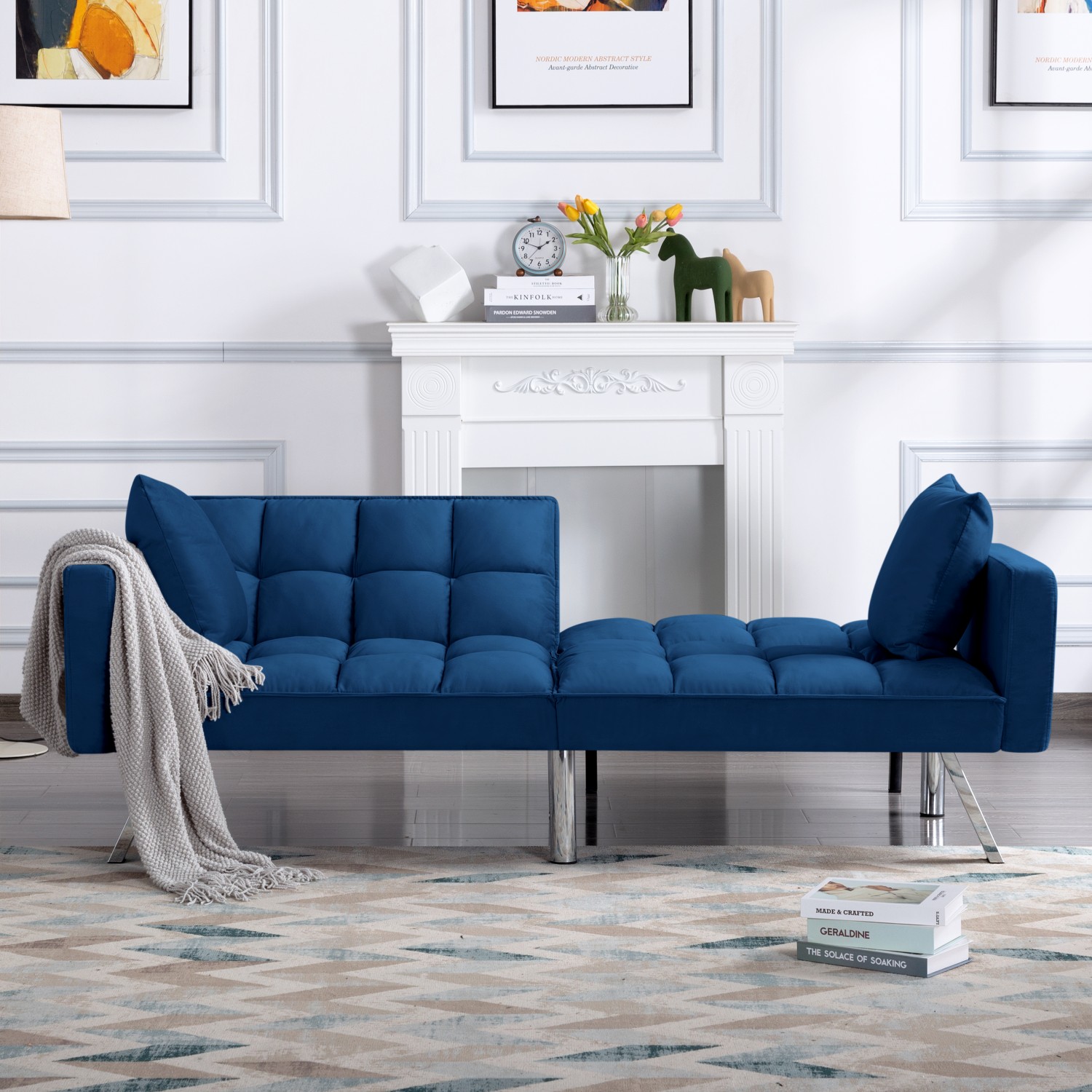 Gewnee 74"Velvet Upholstered Modern Convertible Futon, Adjustable Folding Sofa Bed, Guest Bed for Living Room, Bedroom, Apartment (Navy Blue)