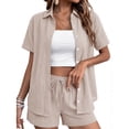 thumbnail image 2 of Short Sets 2 Piece Button Down Short Sleeve Shirts Cute Shorts Beach Vacation Lounge Matching Outfits Khaki M, 2 of 5