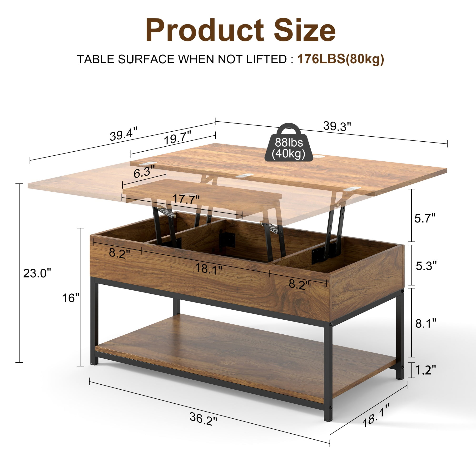 Manxile Lift Top Coffee Table with Storage for Living Room, Farmhouse Coffee Table with Lift Top, Red Oak Finish