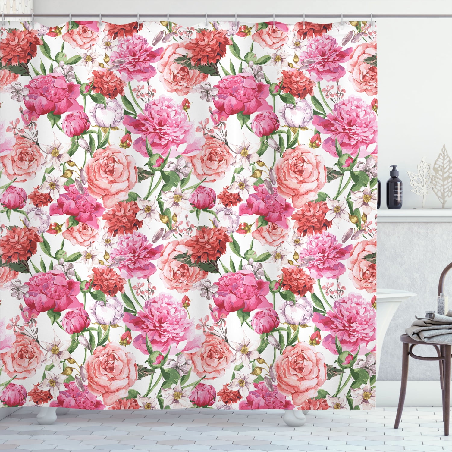 Watercolor Flower Shower Curtain Victorian Floral Pattern Painting Style Print With Peonies And Roses Fabric Bathroom Set With Hooks Pink Red White By Ambesonne Walmart Com Walmart Com