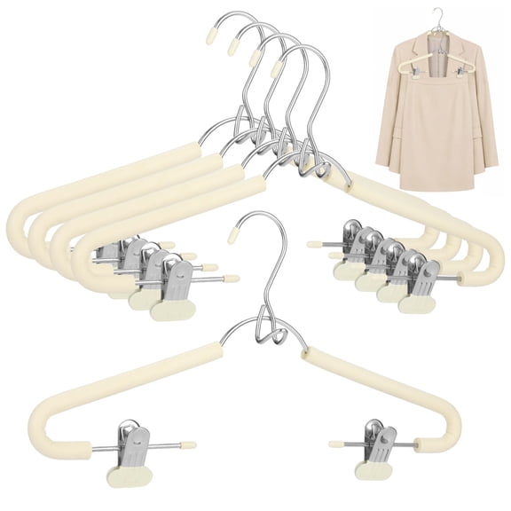 5 Pcs Foam Padded Clothes Hangers with Clips, Non-Slip Pant Hangers, Heavy Duty Metal Hanger with Curved Hook for Coats Skirts, Space Saving Closet Organizer, Beige
