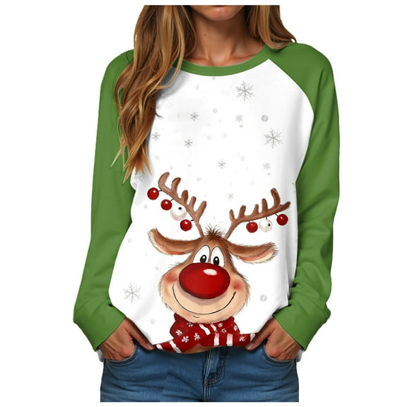 larppty Christmas Sweatshirt Raglan Long Sleeve Reindeer Graphic Pullover Tops for Women (Light Green, XXL)