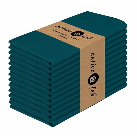 Native Fab Table Dinner Napkin Set of 12, Soft Cotton Reusable Fabric Cloth Napkins, 17x17 inches - Teal Green