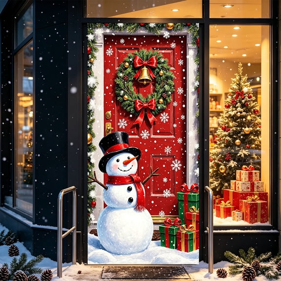 Christmas Snowman Wreath Door Cover, Polyester Holiday Decor, Multi-Color, 70.87×35.43 Inch, Winter Door Decoration for Adults and Home Entry