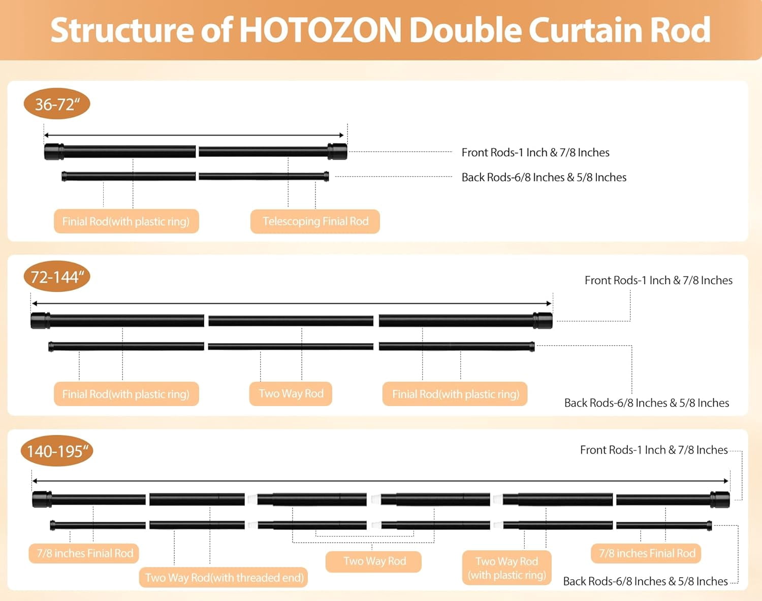 Double Curtain Rod 66 to 120 Inch,  1 Inch Heavy Duty Curtain Rods for Windows, Telescoping Double Drapery Rod with Simple Cap Finials, Bronze