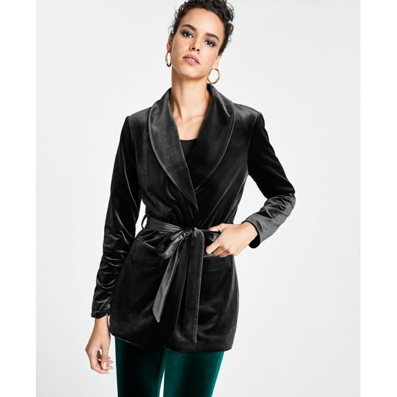 INC International Concepts Petite Velvet Wrap Jacket Deep Black PXL