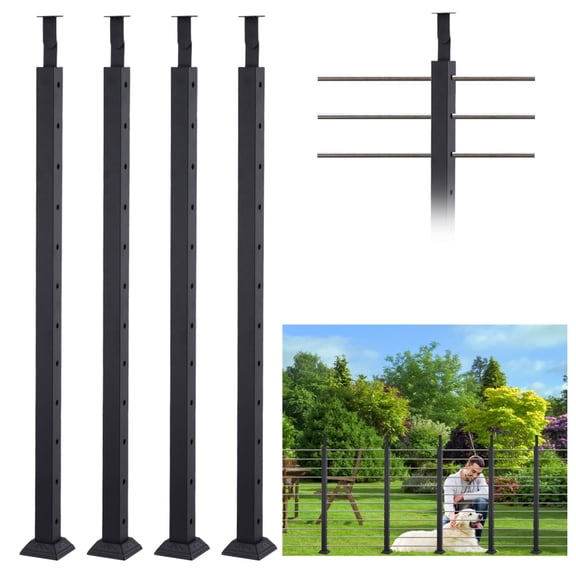 4 Pack Cable Railing Post, 42" Black Square Metal Railing Spindles for Indoor Outdoor Deck Balcony(without Cables and Handrails)