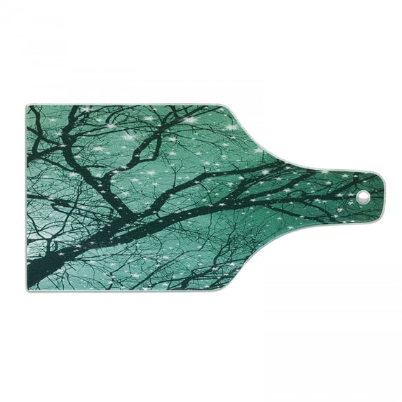 Tree Cutting Board, Monochrome Illustration of Stars with Winter Bare Branches, Decorative Tempered Glass Cutting and Serving Board, in 3 Sizes, by Ambesonne