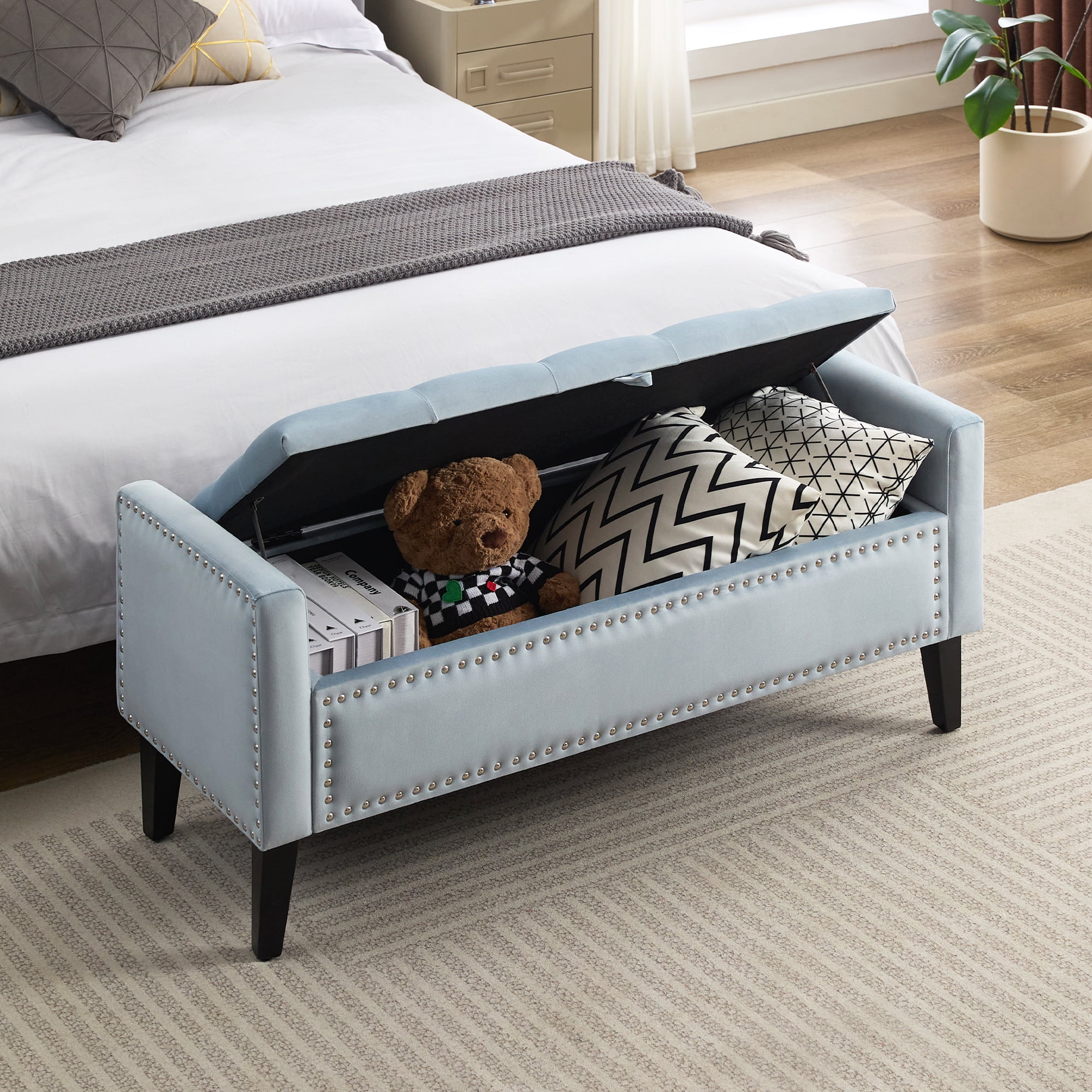 Velvet Storage Bench, Upholstered Bed Bench with Storage, End of Bed Ottoman with Wooden Legs,Bedside Storage Bench for Bedroom, Living Room, or Entryway, Blue Grey