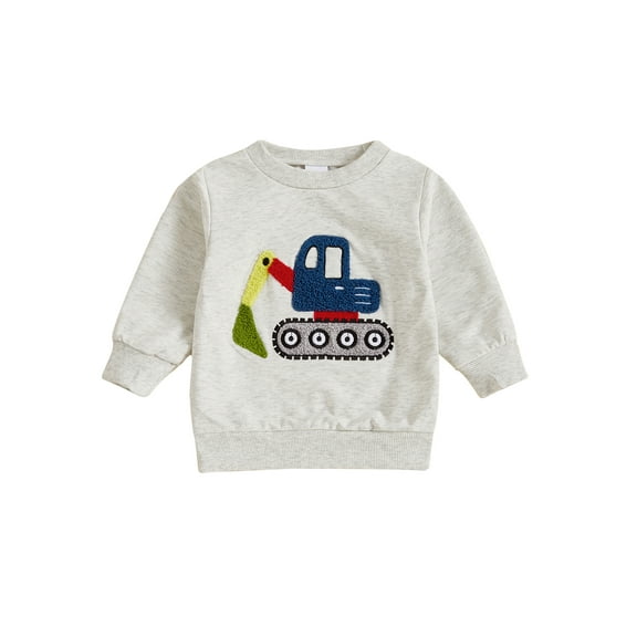 Toddler Baby Little Boys Autumn Sweatshirts 3 6 12 18 24 Months 2T 3T Long Sleeve Round Neck Excavator/ Truck Embroidery Pullover