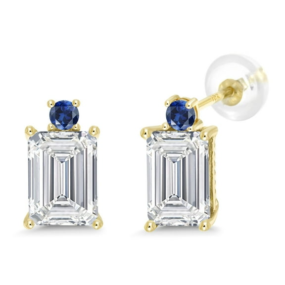 Gem Stone King 4.10 Cttw 10K Yellow Gold IGI Certified Lab Grown Diamond & Blue Created Sapphire Earrings | Emerald Cut Diamonds Each 2 Ct | E-F Color | VS1-VS2 Clarity | Gold Earrings for Women