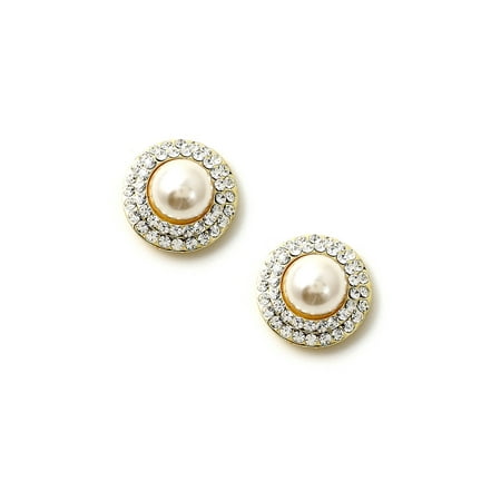 Around Crystal - Gold Crystal Rhinestone Double Row Circle Around a Cream Pearl Center Earrings