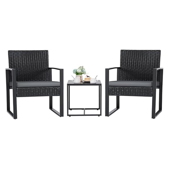 3 Pieces Patio Set Outdoor Wicker Furniture Modern Bistro Rattan Chair Conversation Sets with Coffee Table for Yard (Grey)
