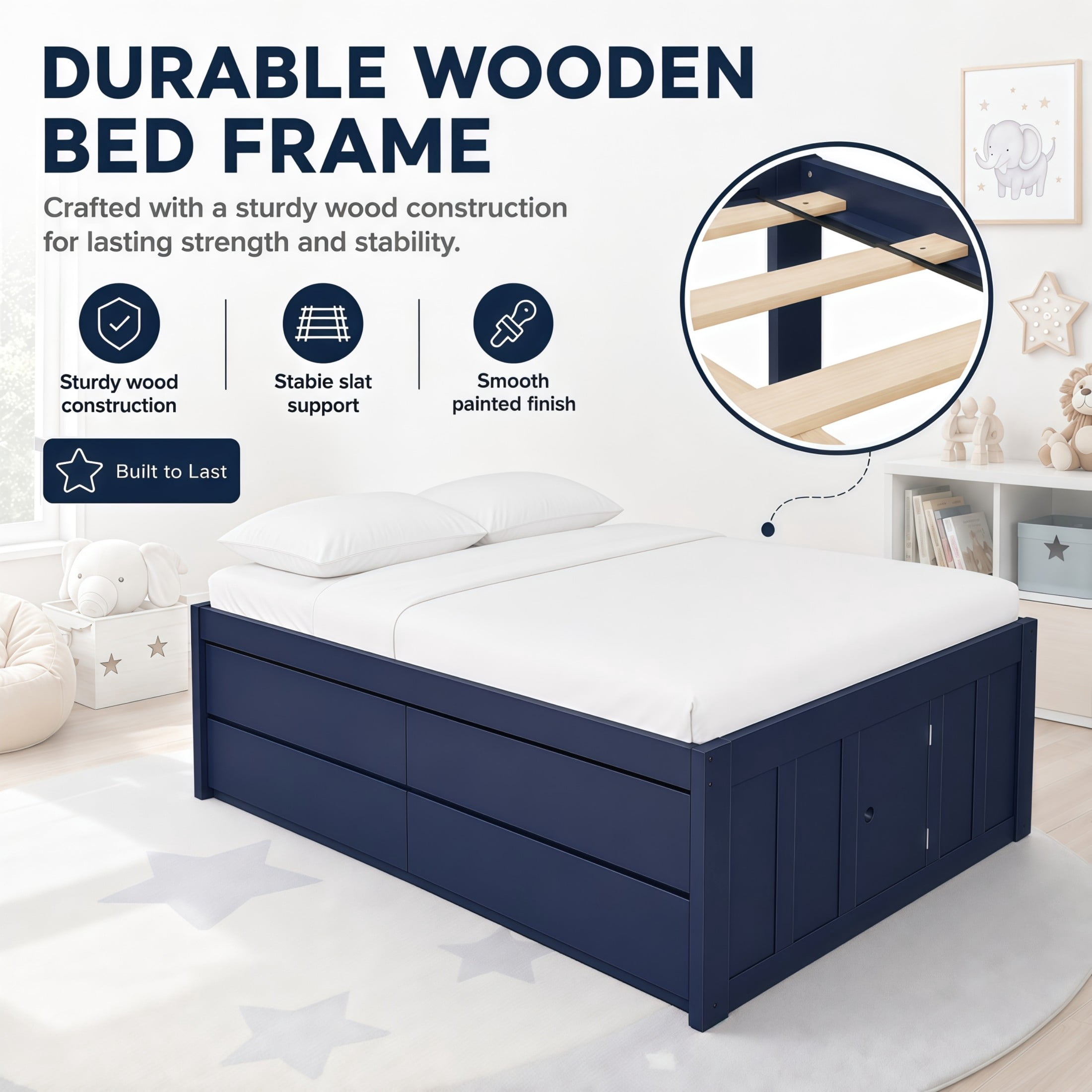 GDF Studio Tyler Full Size Captain Bed with Storage Drawers & Side Door, Modern Space-Saving Bed for Kids, Navy Blue