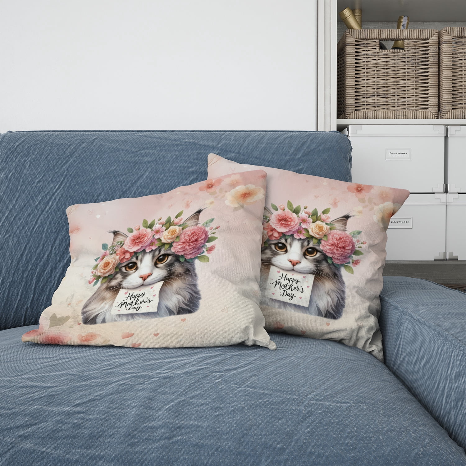Happy Mother's Day Maine Coon with Flower Crown and Greeting Card Pillow Cushion Double Sided Cat Lover Kitten Owner Gifts Throw Pillow - 13004