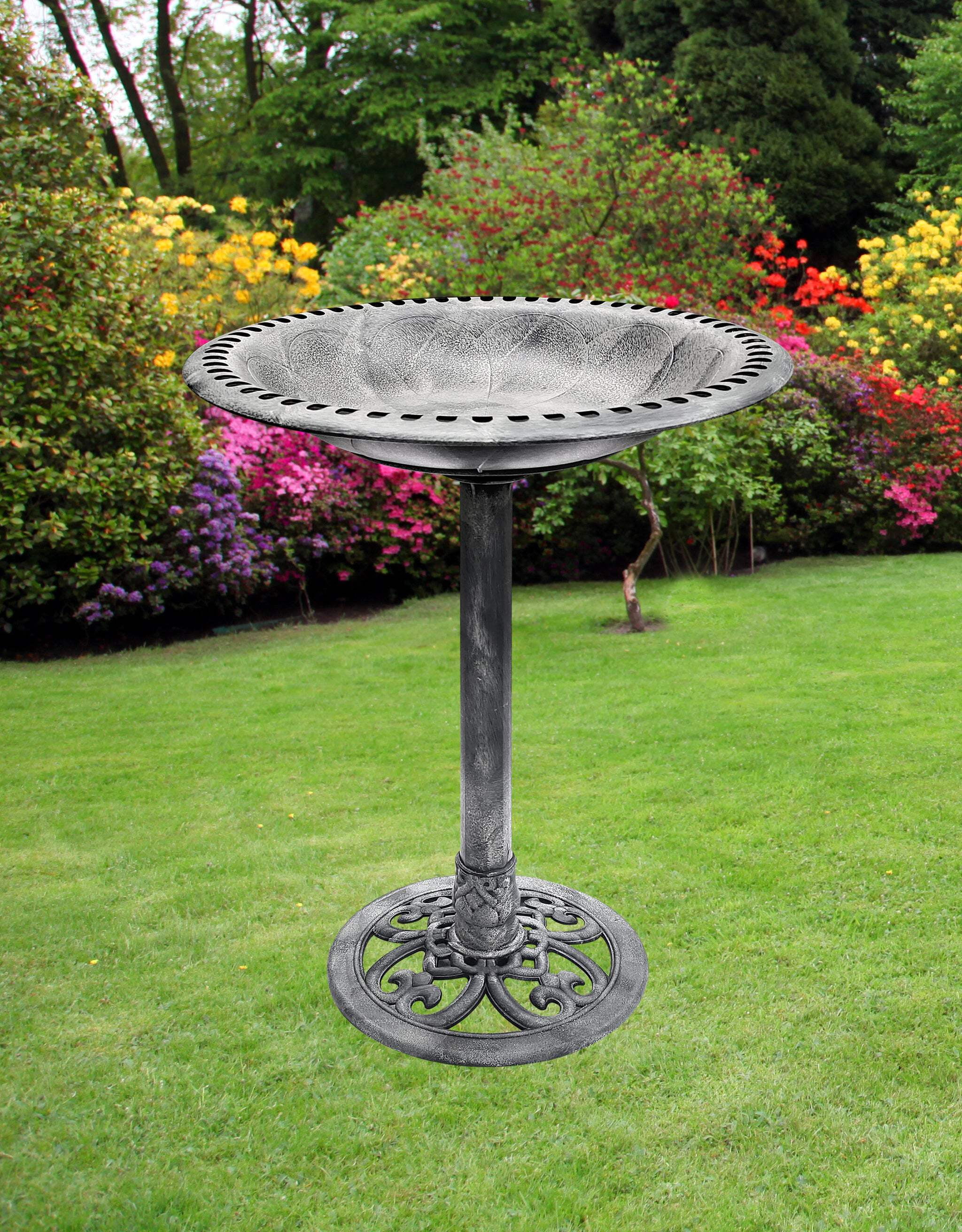 Birdbath Stone Grey 28" Height Pedestal Bird Bath Antique Outdoor Garden Vintage Yard Art Resin Fleur de lis Decoration Accents
