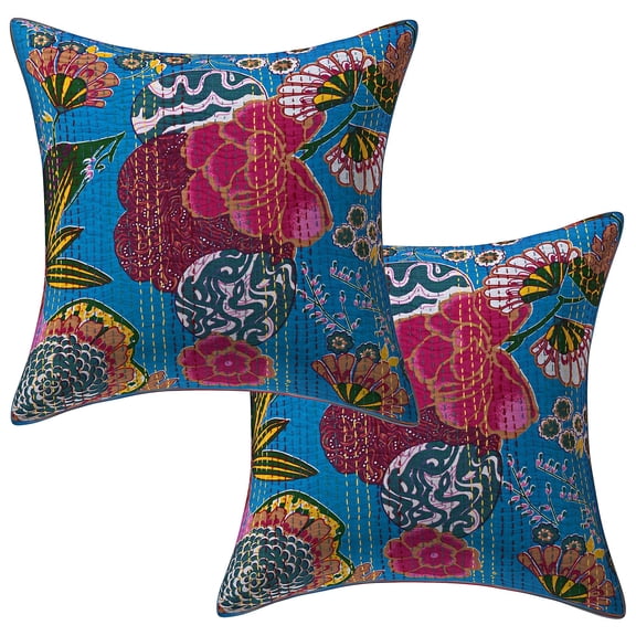 Stylo Culture Indian Sofa Throw Pillow Covers 16 x 16 Kantha Turquoise Printed 40cm x 40cm Home Decor Accent Pillowcase Cotton Tropicana Square Cushion Covers | Set Of 2