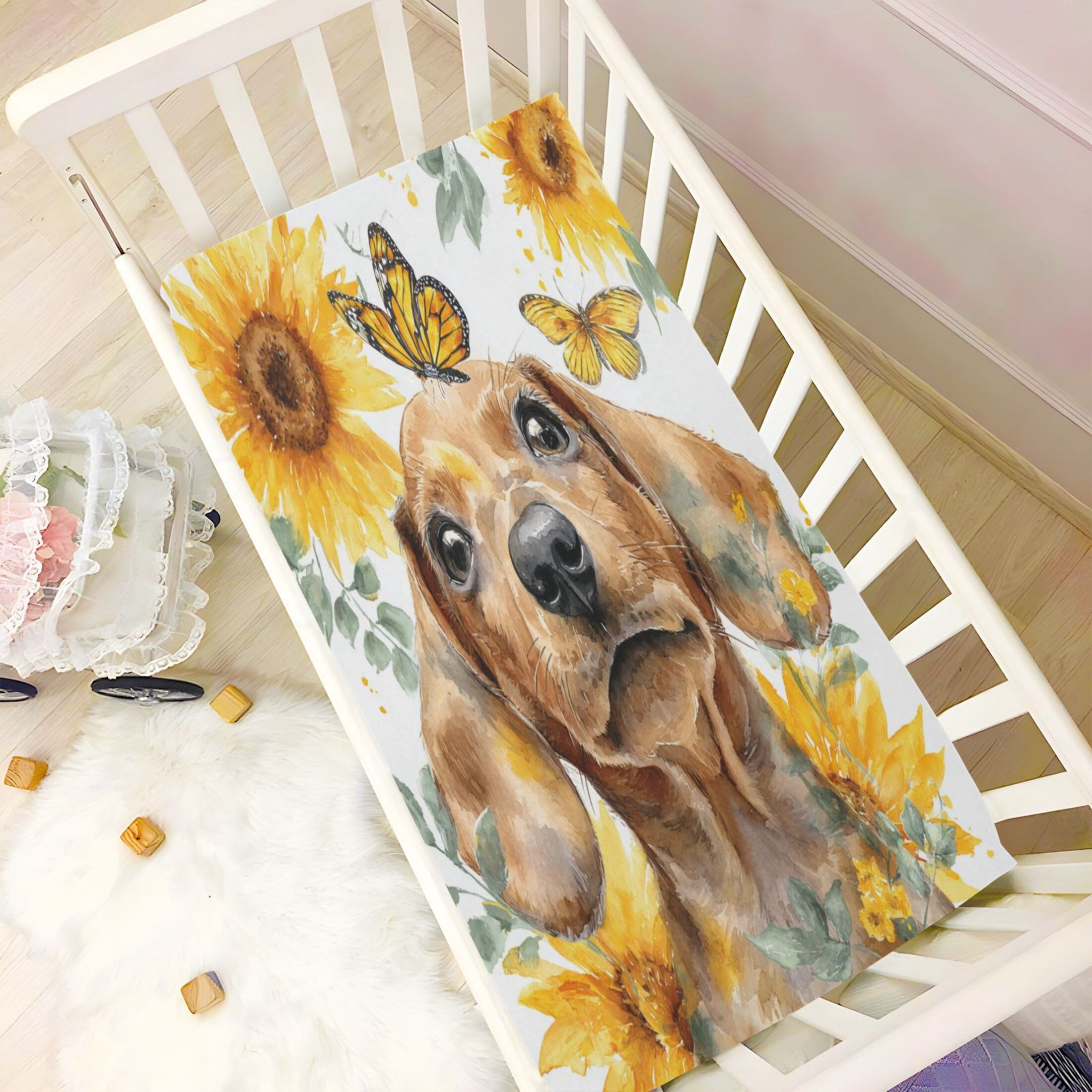 Baby Essentials 52”x 28”- Standard Cotton-like Modal Elastic- Sausage Dog Puppy Design Crib Sheets for Newborns and Toddlers