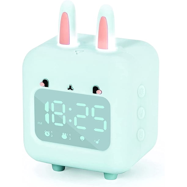Reloj despertador digital para niños, conejo con luz nocturna, temporizador y repetición, reloj de noche recargable por USB para niñas, niños, dormitorio, regalo escolar, verde