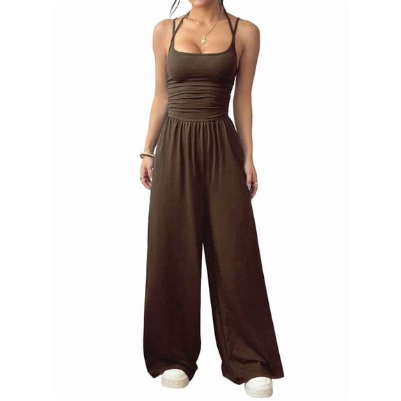 Women'S Summer Jumpsuit Spaghetti Strap One-Piece Outfit Wide Leg Baggy Pants Romper Coffee Brown XS