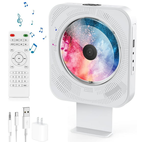 ELEPEX CD Player with Hi-Fi Speakers, Bluetooth CD Player, USB Port/FM Radio/Aux Jack, Compact White CD Player for Home