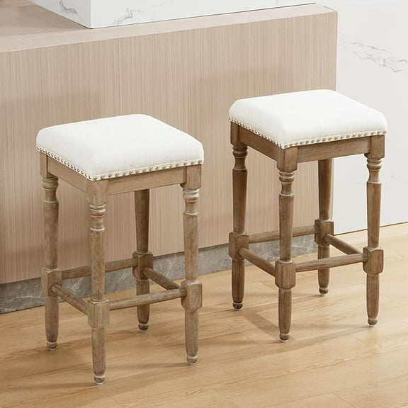 Guyou 26ā Farmhouse Counter Stools Without backrest, Upholstered Counter Height Bar Stools with Wood Legs for Kitchen Counter Island, Beige-Brown Legs(Set of 2)