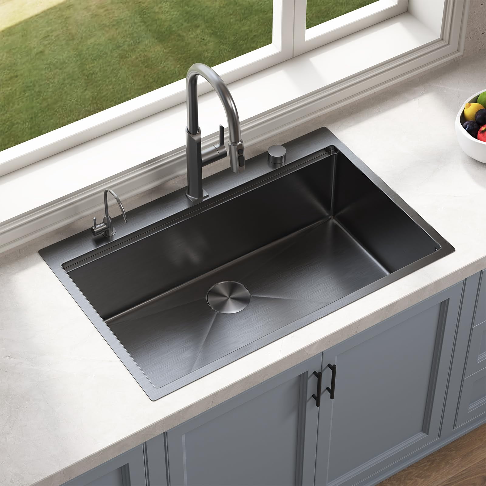 DELUXE LIVING 33 Inch Drop In Kitchen Sink with Accessories, 16 Gauge Single Bowl 304 Stainless Steel Stepped Sink, Workstation Kitchen Sinks 5 Accessories include Drain Strainer, Gun black