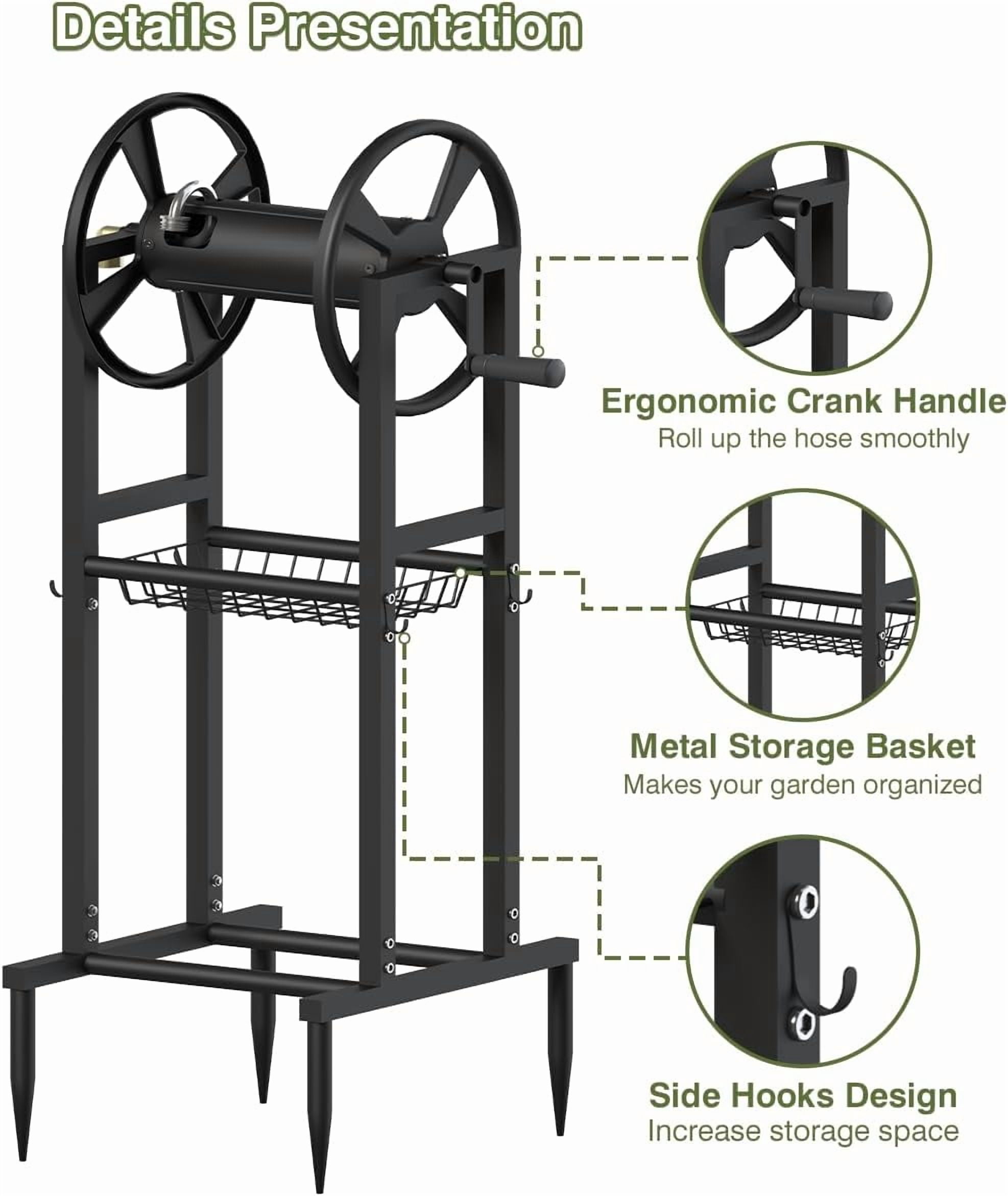 Freestanding Garden Hose Reel holds 125ft Hose of 5/8" with 4 Hooks, 4-Spike Outdoor Hose Holder with 3.9ft Leader Hose & Brass Fitting, Detachable Metal Hose Stand with Storage Rack, Black