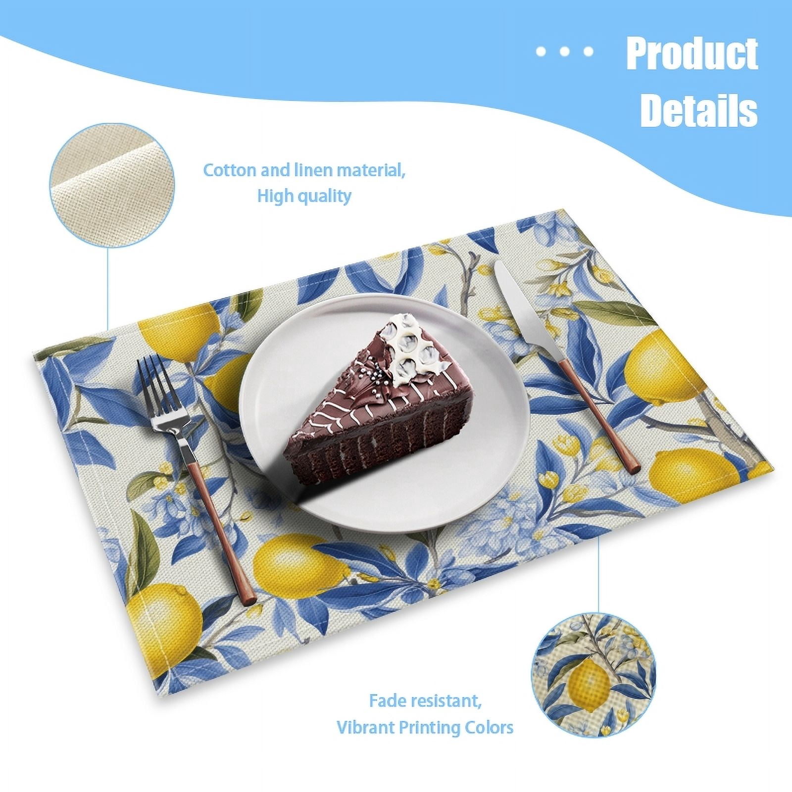 BaHomeck placemats Set of 4 Lemon Tree With Lemons And Blue Flowers On White Background Cotton Linen rectangle Placemats for Kitchen Dining Table Indoor,Outdoor,18*12inch