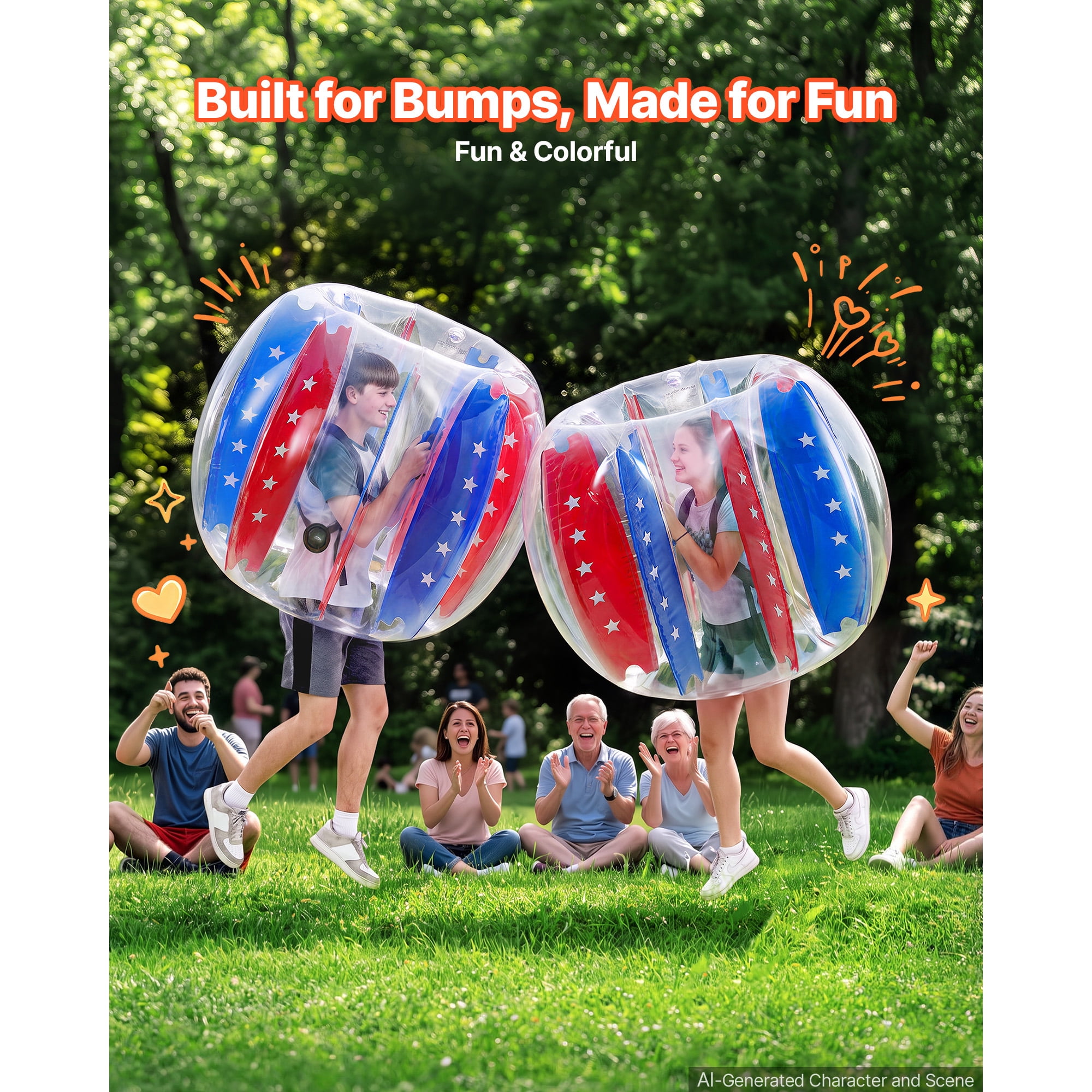 KFFKFF 2-Pack Inflatable Bumper Balls 4FT Human Bubble for Teens Blue+Red, Ideal for Backyard, Camping, Park, Lawn, and Outdoor Team Activities, Durable PVC Material, Sumo Hamster Ball with Handle