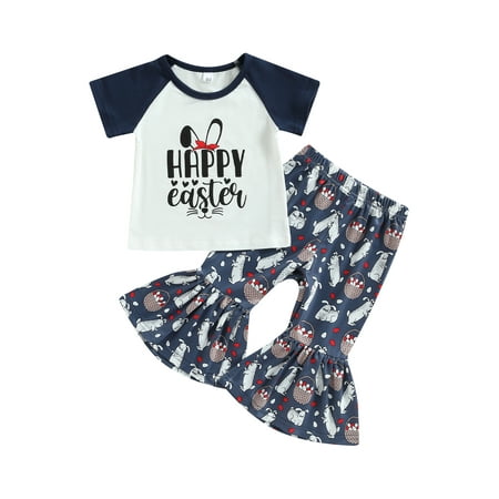 

xingqing Toddler Baby Girl Letter Short Sleeve T-Shirt Tops Flared Bell-Bottom Pants Leggings Kids Summer Outfits Set 4-5 Years