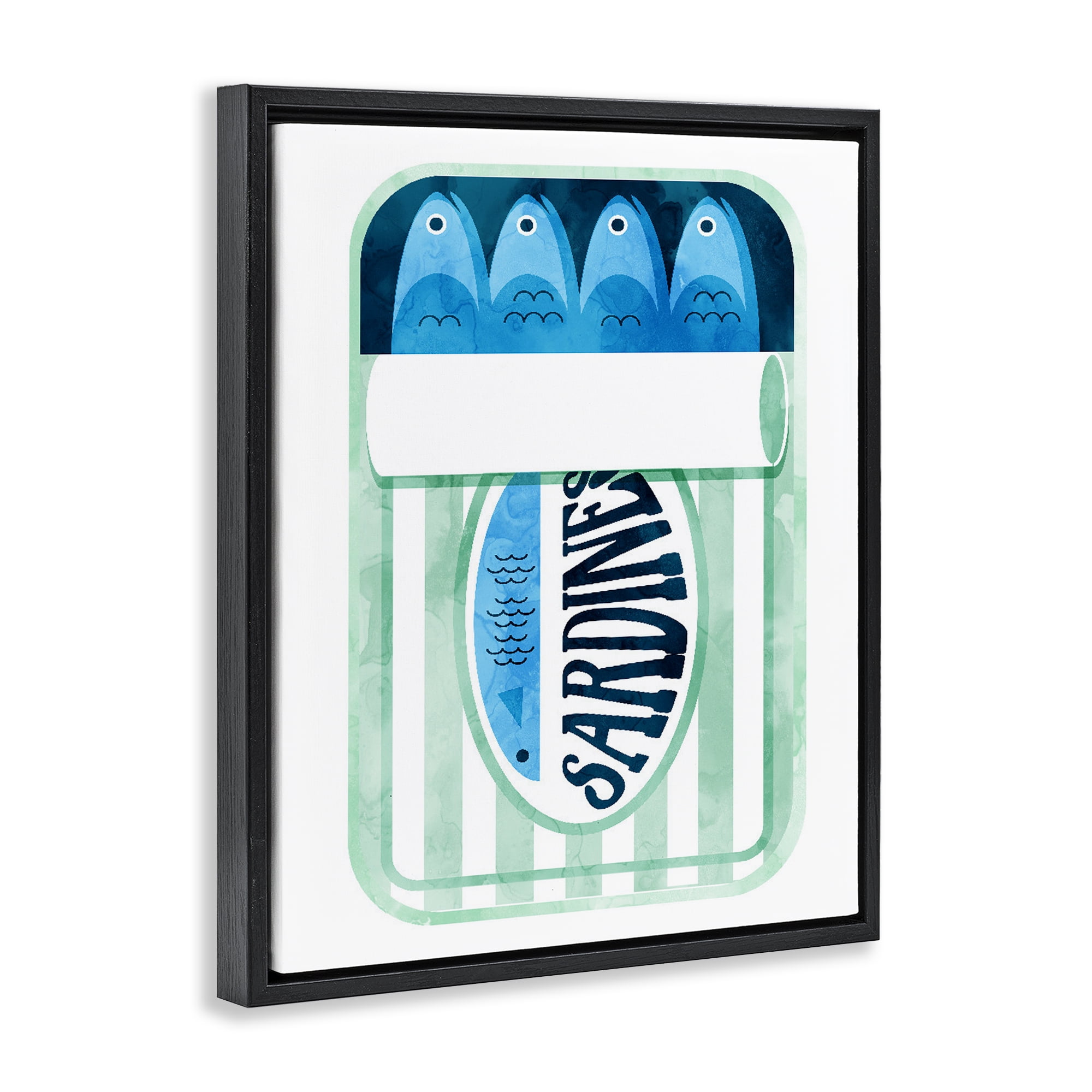 Green Stripe Sardine Tin Black Framed Floater Canvas Wall Art, design by Daphne Polselli