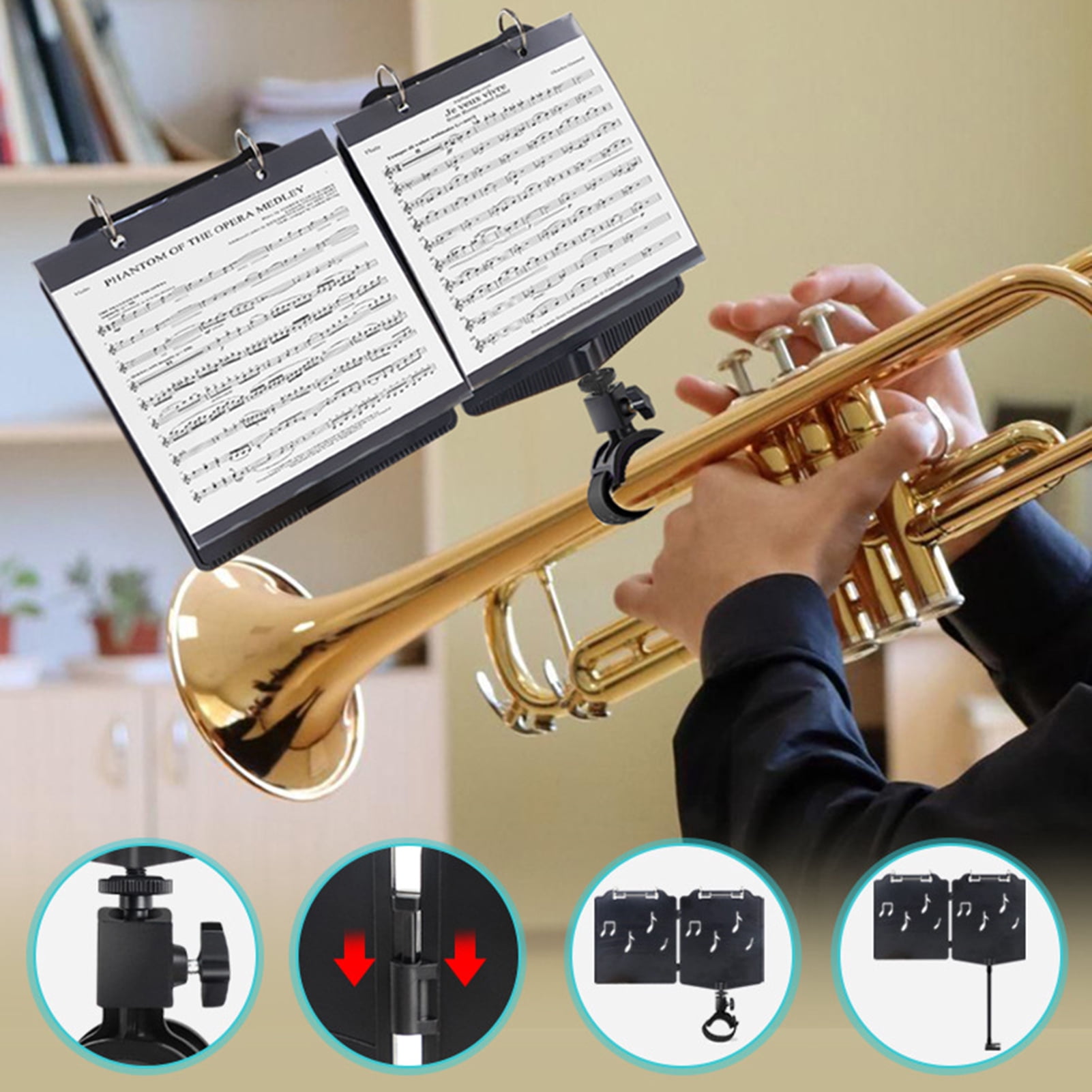 YIFAEUX Trumpet Marching Lyre Adjustable Marching Band Lyre 360-degree Rotation Low Brass Lyre with Sheet Music Folder for Trumpet or Cornet