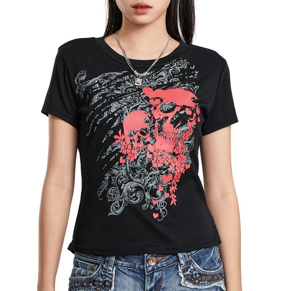 Musuos Women Summer T-Shirts Short Sleeve Skull Print Crew Neck Shirts Casual Slim Fit Tops Streetwear