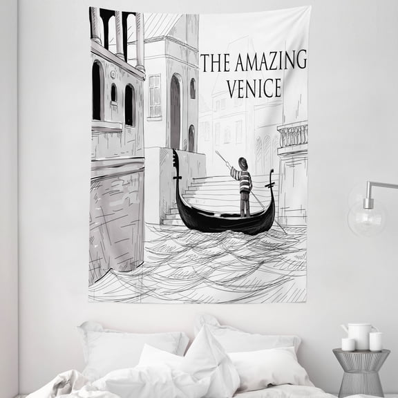 Venice Tapestry, Canals of Venice Child Gondolier on Water Historical Amazing European City Sketch, Wall Hanging for Bedroom Living Room Dorm Decor, 60W X 80L Inches, Black White, by Ambesonne