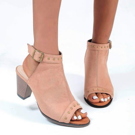 

Summer Women Flock Solid Color Buckle Strap Casual Breathable Fish Mouth Square Heels Shoes Sandals