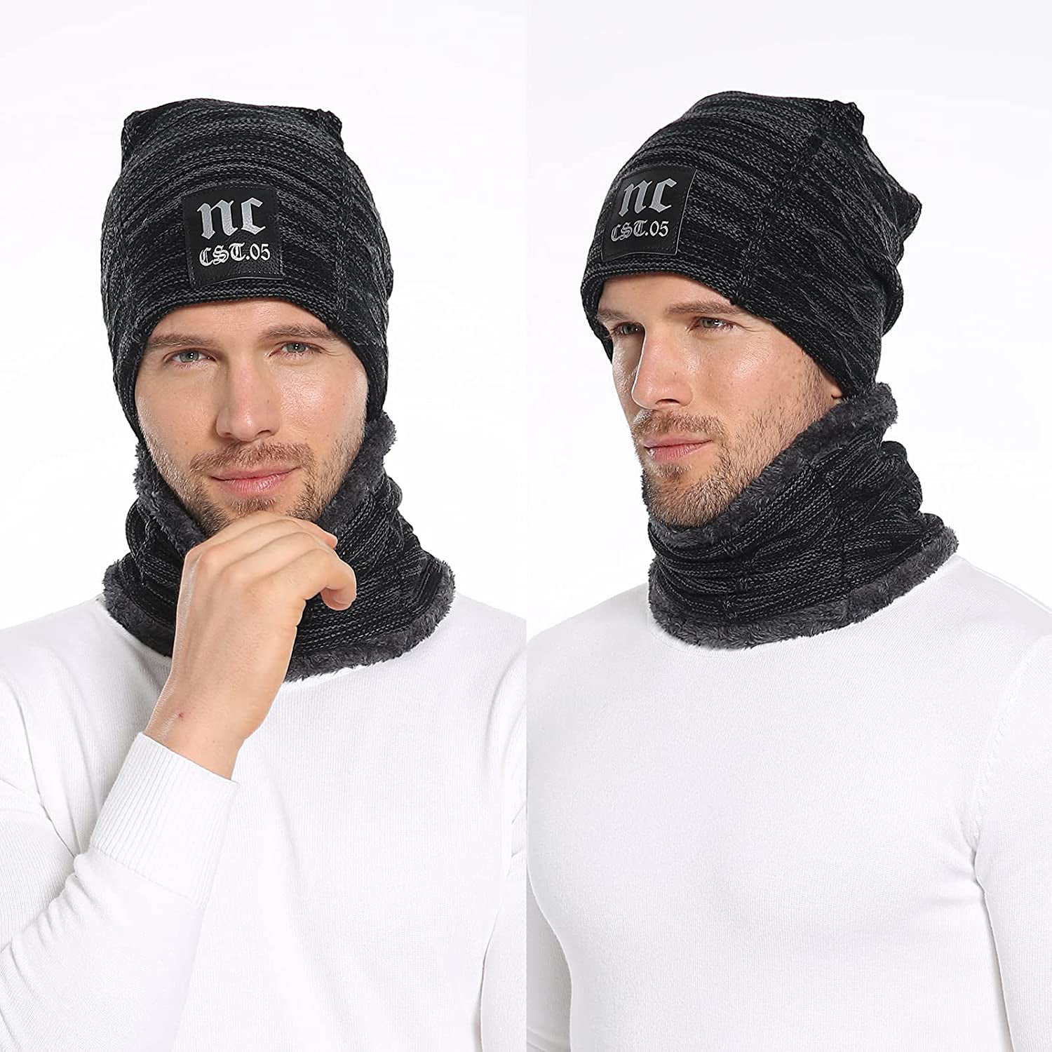 Mens Womens Winter Beanie Hat Scarf Gift Set Thick Fleece Winter Cap Neck Warmer